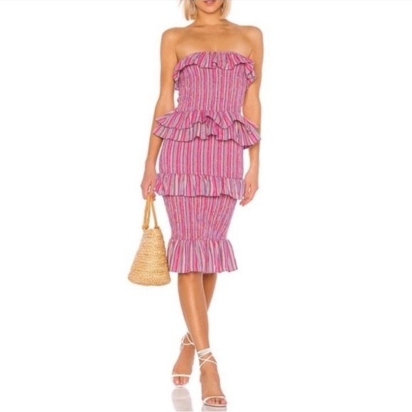 Revolve Tularosa Bailee Smocked Striped Ruffle Midi Dress - Picture 1 of 8